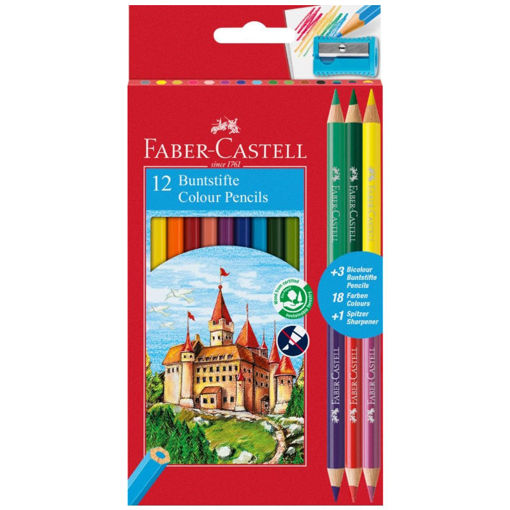 Εικόνα της Ξυλομπογιές Faber Castell 12τμχ. +3/χρώματα και ξύστρα 110312